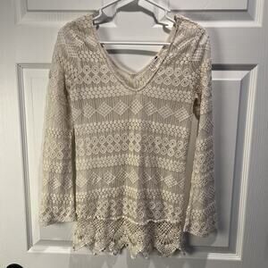 LA HEARTS Pacsun Small Mesh Lace Embroidered Crochet VNeck Boho Blouse Tunic Top